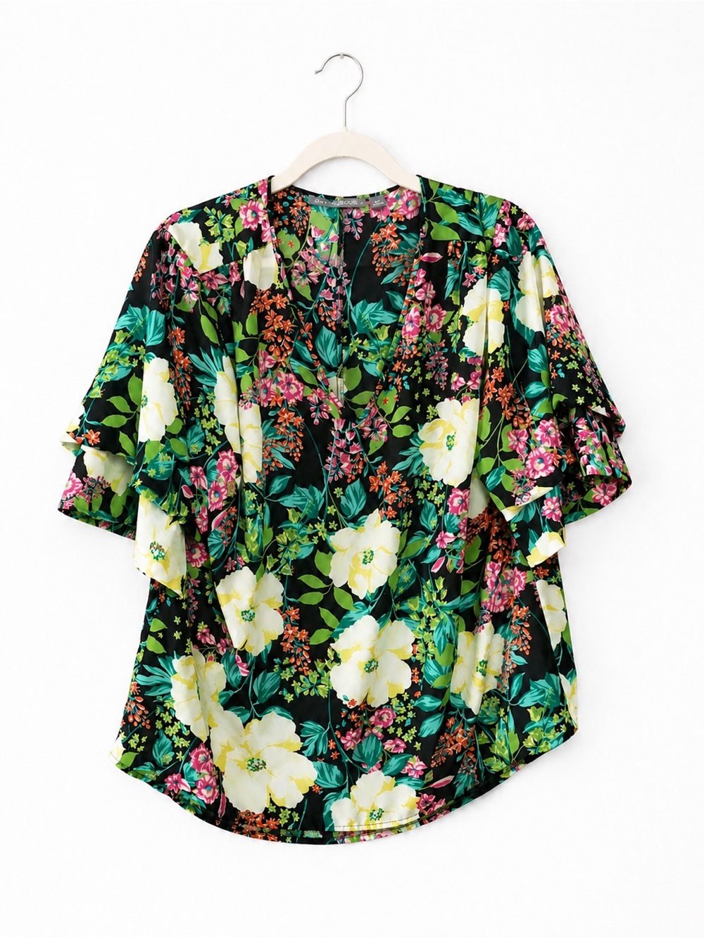 Valerie Stevens Black Floral V-Neck Ruffle Sleeve Blouse